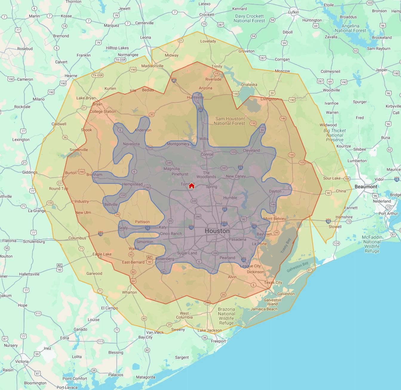 Greater Houston real estate photography service-area map showing blue, red, and orange travel zones.