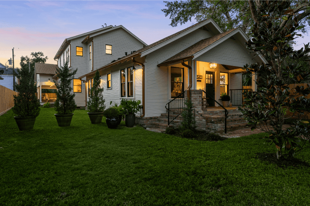 Twilight real estate photography with warm exterior lights
